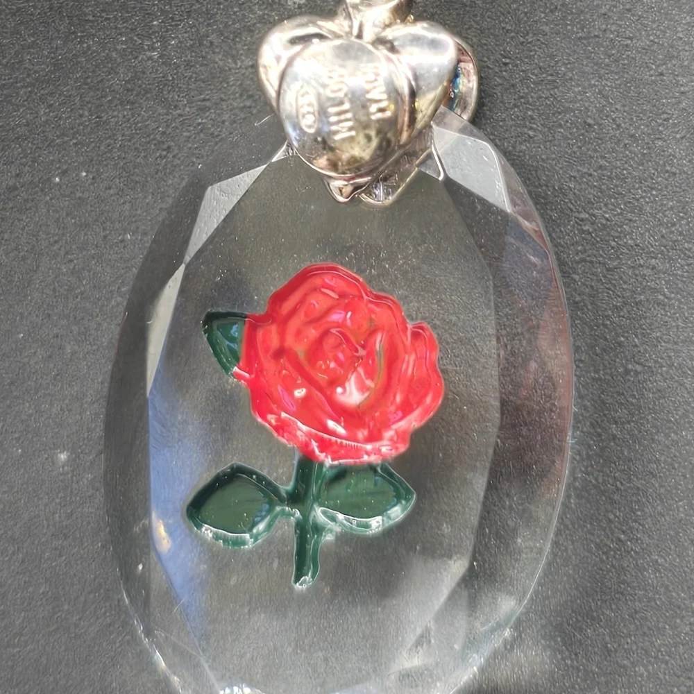 Reverse painted Rose on crystal Milor Italy sterling silver pendant necklace